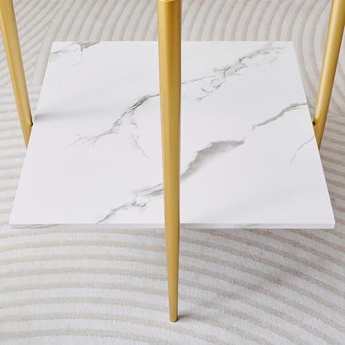 LumFurn Square Glass End Table, Mid-Century Modern Design Sofa Table, for Living Room, L18 x W18 x H23, Clear Glass Top and White Marble MDF Shelf, Sleek Conical Metal Legs with Gold Finish - color: Clear & White Marble, size: L18" Square End Table