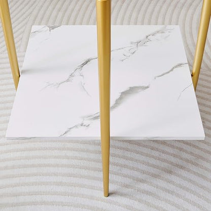 LumFurn Square Glass End Table, Mid-Century Modern Design Sofa Table, for Living Room, L18 x W18 x H23, Clear Glass Top and White Marble MDF Shelf, Sleek Conical Metal Legs with Gold Finish - color: Clear & White Marble, size: L18" Square End Table