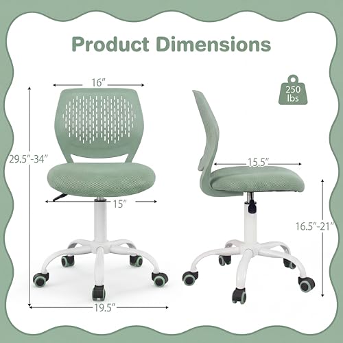 Costzon Kids Desk Chair, Armless Height Adjustable Kids Computer Chair w/Elastic Sponge Filling, Ergonomic Backrest & Stable 5-Point Wheels, Children Rolling Swivel Chair for Studyroom (Sage) - color: Sage