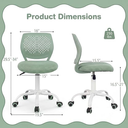 Costzon Kids Desk Chair, Armless Height Adjustable Kids Computer Chair w/Elastic Sponge Filling, Ergonomic Backrest & Stable 5-Point Wheels, Children Rolling Swivel Chair for Studyroom (Sage) - color: Sage