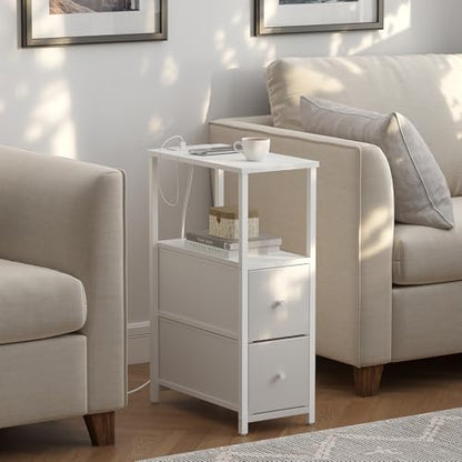 TUTOTAK Narrow End Table, Skinny Side Table with Charging Station | Bedside Table with Outlets, Slim Nightstand with 2 Cloth Drawers for Small Space, Living Room, Bedroom, White TB01BW085 - color: White, size: 1 Pack (2 Drawers), style: With Plug