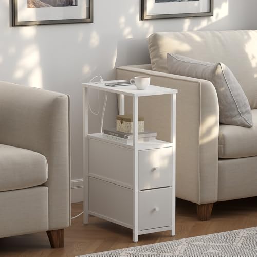 TUTOTAK Small Narrow End Table with Charging Station, Set of 2, Side Table with Outlets, Nightstand with 2 Cloth Drawers, Couch Table, for Living Room, Bedroom, Bedside, White TB01BW055 - color: White, style: 2 Drawers & Plug