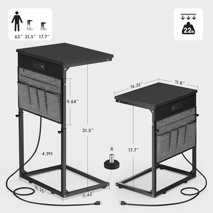 Vagusicc C-Shaped End Table Set of 2 with Charging Station, Small Side Table for Couch, Adjustable Height Couch Side Table, Slide Under Sofa Table TV Tray Tables for Living Room,Bedroom,Bedside, Black - color: 2pc Black