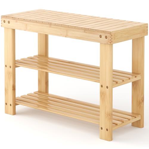 OLIXIS 3-Tier Bamboo Shoe Rack Bench, Free Standing Wooden Storage Organizer for Entryway Closet Small Space, Stackable, 286 lb Load Capacity, 11.2x27.6x17.9 Inches, Deep Wood - color: Deep Wood, size: 11.2"W x 27.6"L x 17.9"H