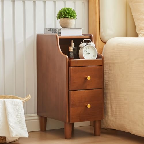 Solid Wood Narrow Nightstand, Slim Bedside Table with 2 Drawers & Slide-Out Tray, Mid-Century Modern End Table Side Table for Bedroom, Living Room, Small Spaces (Walnut) - color: Walnut