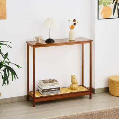Bamboo Narrow Console Table, 31.5"(L) Wood Small Entryway Table with Rattan and Glass, Accent Slim Hallway Tables, Thin Sofa Side Tables for Hallway, Living Room, Bedroom, Foyer, Walnut - color: Walnut 31.5"(l)