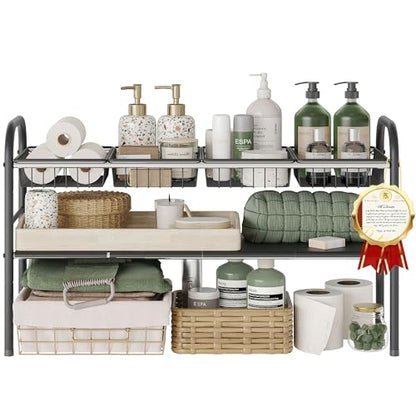NETEL Under Sink Organizers and Storage, 2 Tier Expandable Under Cabinet Organizer Shelf with 4 Baskets and 4 Panels, Expandable Shelf for Cupboard, Kitchen, Bathroom, Shoe Storage Rack - size: 4 Panels and 4 Baskets
