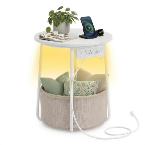 VASAGLE LILEA Collection - Side Table with Charging Station, Round End Table with Fabric Basket, LED Nightstand with USB Ports, Modern, for Living Room, Matte White and Camel Brown ULET227W01 - color: Matte White + Camel Brown, size: With LED light