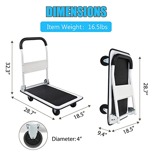 LEADALLWAY Foldable Push Cart Platform Cart 330lbs Capacity with 2 Ropes | 4 Wheels, 28.7"x18.5"x32.3", Small Flatbed Cart, Protable, White - color: White