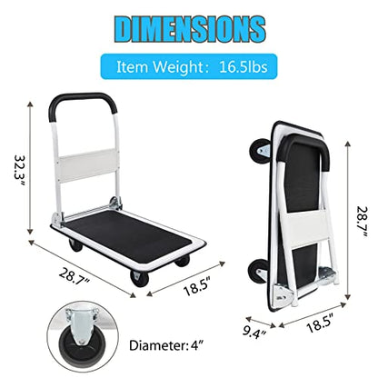LEADALLWAY Foldable Push Cart Platform Cart 330lbs Capacity with 2 Ropes | 4 Wheels, 28.7"x18.5"x32.3", Small Flatbed Cart, Protable, White - color: White