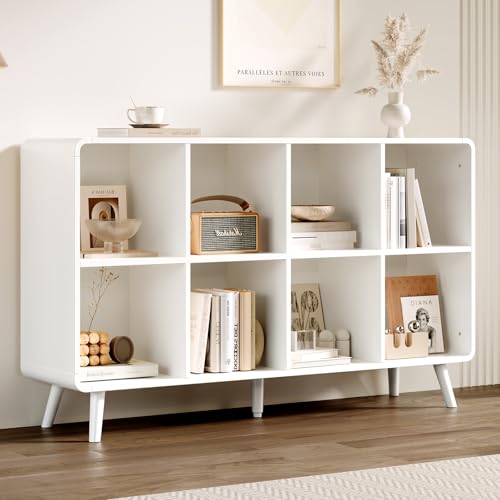 EXPERLAM White 8 Cube Storage Organizer with Legs and Rounded Edges, Mid Century Cube Bookshelf, Low Horizontal Cube Shelf Bookcase for Living Room, Bedroom, Entryway - size: with legs