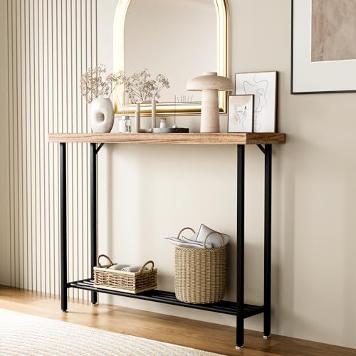 Acovy Industrial Solid Wood Console Table, 2 Tier Entryway Table with Storage Shelves, Narrow Sofa Table for Living Room, Hallway, Foyer, Entryway, Rustic Brown