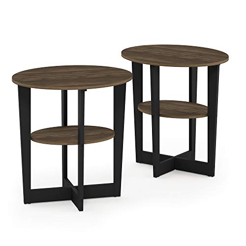 Furinno JAYA Side Table Set of 2, 2-Tier Round Modern End Table with Oval Tabletop, Night Stand, Bedside Table with Open Shelf, for Living Room, Bedroom, Columbia Walnut - color: Columbia Walnut/Black, size: 2-Pack, 2 Tiers, Oval Panel