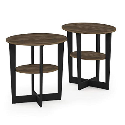 Furinno JAYA Side Table Set of 2, 2-Tier Round Modern End Table with Oval Tabletop, Night Stand, Bedside Table with Open Shelf, for Living Room, Bedroom, Columbia Walnut - color: Columbia Walnut/Black, size: 2-Pack, 2 Tiers, Oval Panel