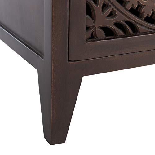 SAFAVIEH Furniture - Thea 1-Door Carved Nightstand - Brown - Mango Wood - Artisan Global Design - Ideal for Bedroom, 20"W x 14"D x 26"H - Fully Assembled (NST5300A) - color: Brown