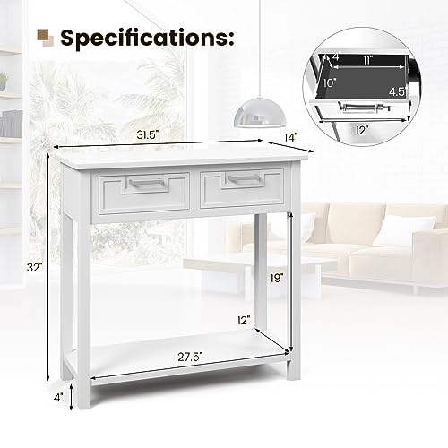 GOFLAME Console Table with 2 Drawers, 31” Entry Table with Storage Shelf, Modern, Narrow Sofa Table for Living Room, Hallway, Entrance (White)
