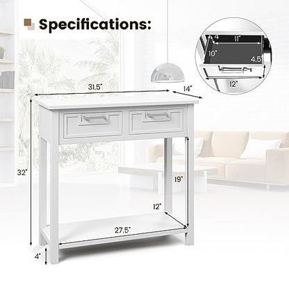 GOFLAME Console Table with 2 Drawers, 31” Entry Table with Storage Shelf, Modern, Narrow Sofa Table for Living Room, Hallway, Entrance (White)