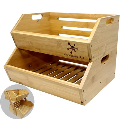 Bamboo Open-Front Stacking Storage Bin -Configurable as 2-Tier Fruit Basket