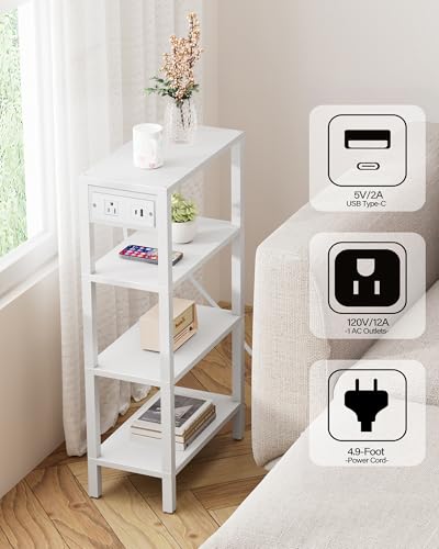 TUTOTAK Narrow Side Table Set of 2, Small End Table with Charging Station | 4-Tier Skinny Sofa Table, Slim Nightstand, Easy Assembly for Living Room, Bedroom, White TB01BW0802 - color: White, size: 4-tier