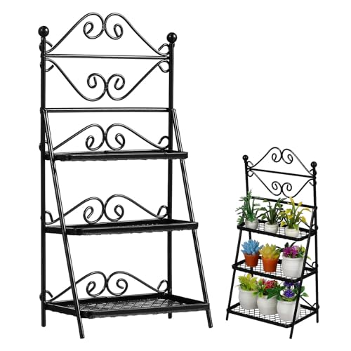 VOSAREA Miniature Dollhouse Plant Stand 1:12 Scale Metal Flower Pot Shelf, Black Mini House Balcony Display Rack for Dollhouse Decoration