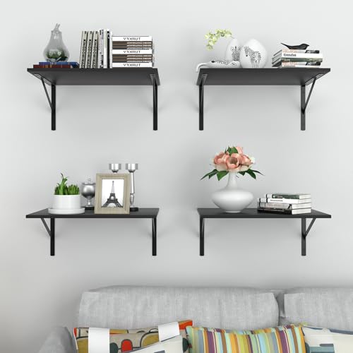 Deep Floating Wall Shelves - 4 Sets of 12 Inch Wide Black Wood Shelves for Bathroom, Bedroom, Kitchen, Living Room - color: Black Shelves