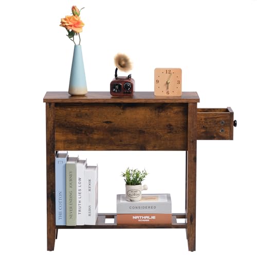 Brown 2 Pack Chairside Narrow End Table with Drawer, Solid Recliner Side Table with Storage Shelf, Slim Nightstand Bedside Table for Bedroom - size: 2 set brown