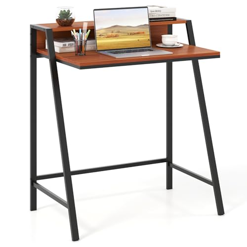 Giantex Small Computer Desk, 31.5" Compact Home Office Desk with Monitor Stand & Sturdy Frame, 2-Tier Space-Saving Study Writing Desk for Small Spaces, Apartment and Bedroom (Walnut) - color: Walnut