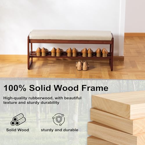 SOBIBO Solid Wood Shoe Bench, 2-Tier Wooden Entryway Bench, Modern Shoe Rack with Faux Leather Cushion for Hallway, Living Room (Gray, 39.4'') - color: Beige, size: 39.4 inches