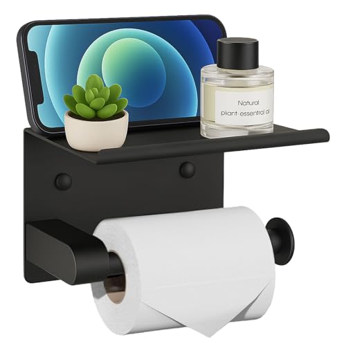 Black Toilet Paper Holder with Shelf - Rustproof Stainless Steel Wall Mount or Self Adhesive Bathroom Tissue Roll Holder - Fits Mega Rolls, for Bathroom, Washroom, Kitchen & RV Decor - color: Black