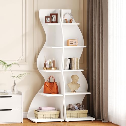 Tribesigns Wavy Corner Shelf Set of 2, Modern 5-Tier Bookshelf Etagere Bookcase with Curvy Shape, Unique Plant Stand Display Shelf for Living Room Small Space (White) - color: White