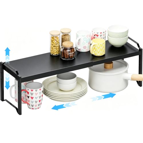 1 Pack Expandable Cabinet Countertop Shelves, Stackable Shelves Organizers For Kitchen Cabinet Countertop Storage, Adjustable Counter Cupboard Pantry Organizer Shelf Rack Stand, Length:25.5" - color: Black, size: 1 Pack: 15.5"-25.5"L