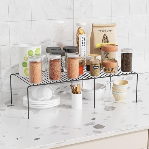 4Pack Expandable Storage Shelf, 13.5"~23" L x 9.4" W x 5.5" H, Black | Adjustable Rustproof Metal Wire Spice Rack, Space Saver Kitchen Storage Shelves for Pan, Pot, Countertop, Drawer, Fridge - size: 4Pack-Black-13.5-23 x 10 inch
