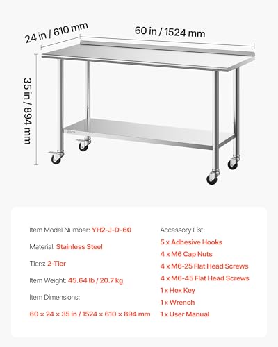 VEVOR Stainless Steel Work Table, 24x60 Inch Food Prep Table, Commercial Kitchen Workstation with Adjustable Undershelf, Metal Heavy Duty Utility Worktable, for Restaurant Home Hotel Garage Outdoor - size: 24*60