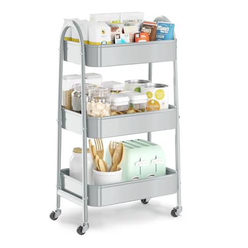 3 Tier Utility Rolling Cart, Metal Storage Cart with Handle and Lockable Wheels, Multifunctional Storage Organizer Trolley with Mesh Baskets for Kitchen, Living Room, Office, Garage (Grey) - color: Gray, size: Normal