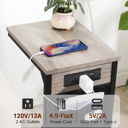 AMHANCIBLE C Shaped End Table with Charging Station, Couch Side Tables that Slide Under Sofa with Storage Bag, Slim TV Tray with USB Ports and Power Outlets for Living Room, Bedroom, Grey HET04CGY - color: Grey