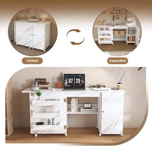 4-in-1 Folding Sewing Table with Storage, Sewing Desk Foldable with Lockable Wheels & Power Socket, Sewings Machine Cabinet & Craft Desk with Shelves, Compact Design (White, 57 Inch) - color: White, size: 57 Inch