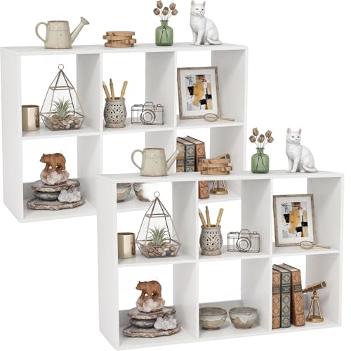 POWERSTONE 6 Cube Storage Organizer Set of 2, 3 Tier Cubby Bookshelf, White | Freestanding Bookcase w/Back Guardrail, Open Back Display Rack for Living Room, Bedroom, Study - color: White, size: 6 Cubes