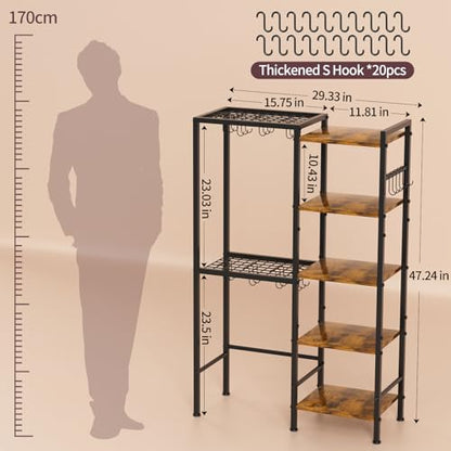5-Tier Pot and Pan Organizer Rack with Hooks, Heavy-Duty Kitchen Storage Shelf for Cookware, Dishes, and Utensils, Freestanding Metal Pot Rack Organizer for Kitchen, Pantry, or Dining Room - size: Tall one