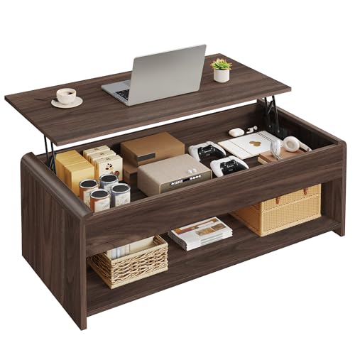 Wooden Coffee Table, Lift Top Coffee Table with Large Hidden Compartment, Open Storage Shelf, Lift Tabletop Dining Table for Living Room, Curved Corner, Home Small Space, 35in, Walnut - color: Walnut-open Shelf