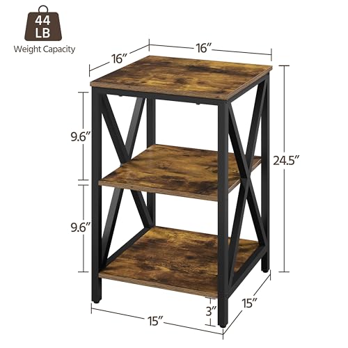 Yaheetech Rustic Brown Industrial End Table, 3-Tier X-Frame for Living Room | Wood-Grain Particle Board on Metal X-Frame, Top Holds 22 lb, 2 Open Storage Shelves for Baskets, 16-Inch Sofa-Side Fit - color: Rustic Brown