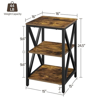 Yaheetech Rustic Brown Industrial End Table, 3-Tier X-Frame for Living Room | Wood-Grain Particle Board on Metal X-Frame, Top Holds 22 lb, 2 Open Storage Shelves for Baskets, 16-Inch Sofa-Side Fit - color: Rustic Brown