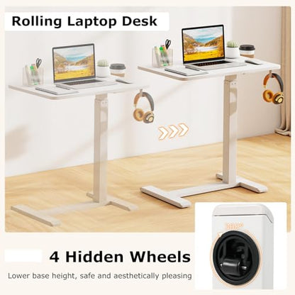 Tangkula Mobile Standing Desk, Pneumatic Height Adjustable Rolling Desk with Cup Holder & Headphone Hook, Overbed Table with Hidden Wheels, Laptop Computer Cart for Couch, Home, Office (White) - color: White