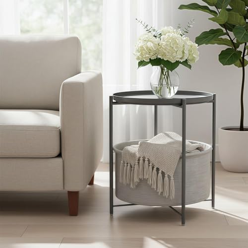 danpinera Round Side Table with Fabric Storage Basket,Small Sofa Table | Metal End Stand for Small Space, Living Room, Bedroom, Nursery, Laundry, Modern Nightstand with Removable Serving Tray, Gray - color: Grey