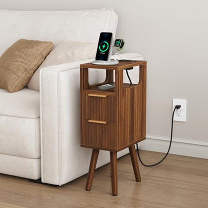 ELYKEN 7.9" Small Narrow Side Table with Charging Station, 24.4" H Skinny Fluted Nightstand with 2 Drawers, Solid Wood Feet, Open Storage, Slim End Table for Small Spaces, Bedroom, Walnut - color: Walnut-1 Pcs