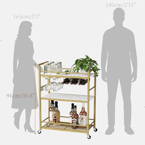 3 Tier Bar Cart, Small Beverage Cart, Mini Bar Cart with Wine Rack, Compact Mini Bar Cart - Please Refer to the Exact Dimensions for Usage Matching Dimensions: 22" W × 13" D × 35.8" H GBC507G - color: Gold, size: General