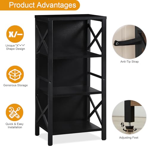 MNEETRUNG Small Bookshelf,4 Tier Industrial Bookcase with Metal Frame and Backboard,Narrow Black Book Shelf,Office Book case for Small Spaces,Living Room,Bedroom and Home Office - color: Black, size: 4-Tier (15.7"W x 11"D x 39.5"H)