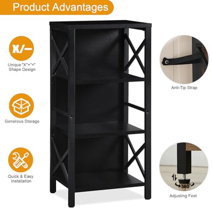 MNEETRUNG Small Bookshelf,4 Tier Industrial Bookcase with Metal Frame and Backboard,Narrow Black Book Shelf,Office Book case for Small Spaces,Living Room,Bedroom and Home Office - color: Black, size: 4-Tier (15.7"W x 11"D x 39.5"H)