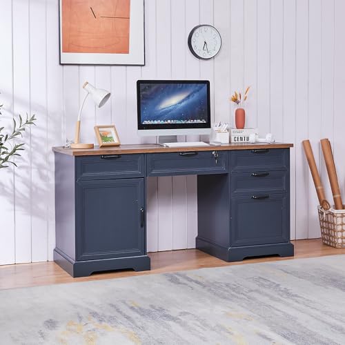 60" Farmhouse Executive Desk with Lock,Home Office Desk with Charging Station,Executive Desk with 4 Drawers & 1 Cabinet&1 File Cabinet for Office and Home - color: Blue