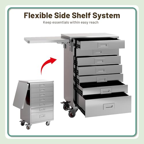 Medical Dental Assistant’s Alabama Mobile Utility Cart, Stainless Steel Storage Cabinet – 7 Drawer with Side Shelf & Handle for Professional Instrument Storage