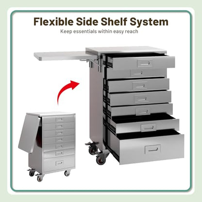 Medical Dental Assistant’s Alabama Mobile Utility Cart, Stainless Steel Storage Cabinet – 7 Drawer with Side Shelf & Handle for Professional Instrument Storage